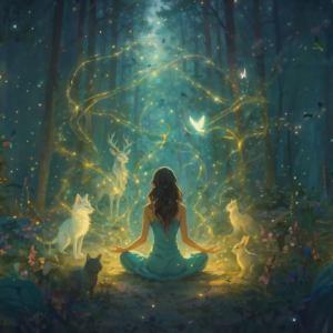 Darmowa medytacja prowadzona Zwierzaki Mocy – wizualizacja lasu, medytującej kobiety i zwierząt